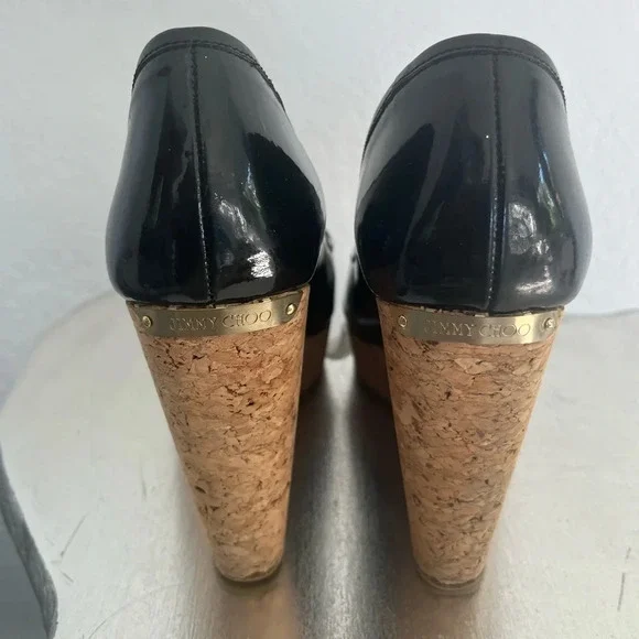 Jimmy Choo Black Patent Papina Cork Wedge Pumps Size 39 - Picture 6 of 9